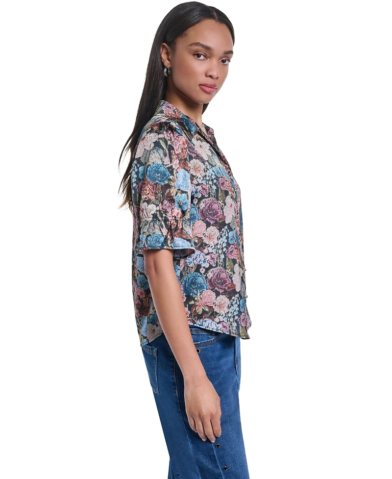 Karl Lagerfeld Paris Women's Floral Brocade Print 3/4-Sleeve Button-Up Blouse