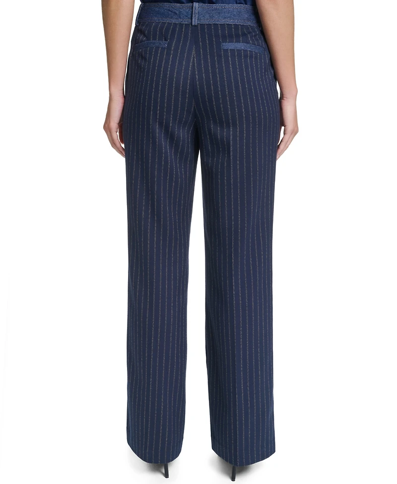 Karl Lagerfeld Paris Women's Striped Straight-Leg Denim Waistband Pants
