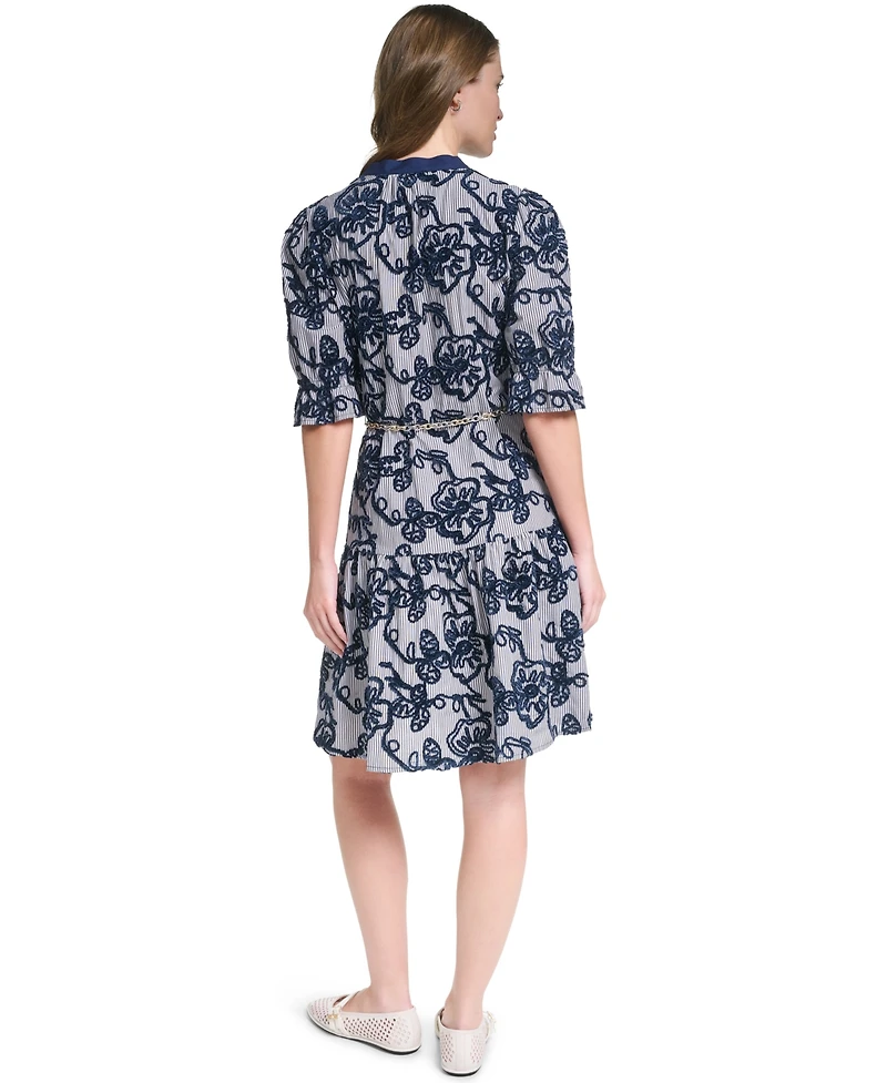 Karl Lagerfeld Paris Women's Velvet Embroidery 3/4-Sleeve Chain Belt Dress