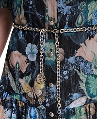 Karl Lagerfeld Paris Women's Metallic Crinkle Chain Belt Button-Front Dress