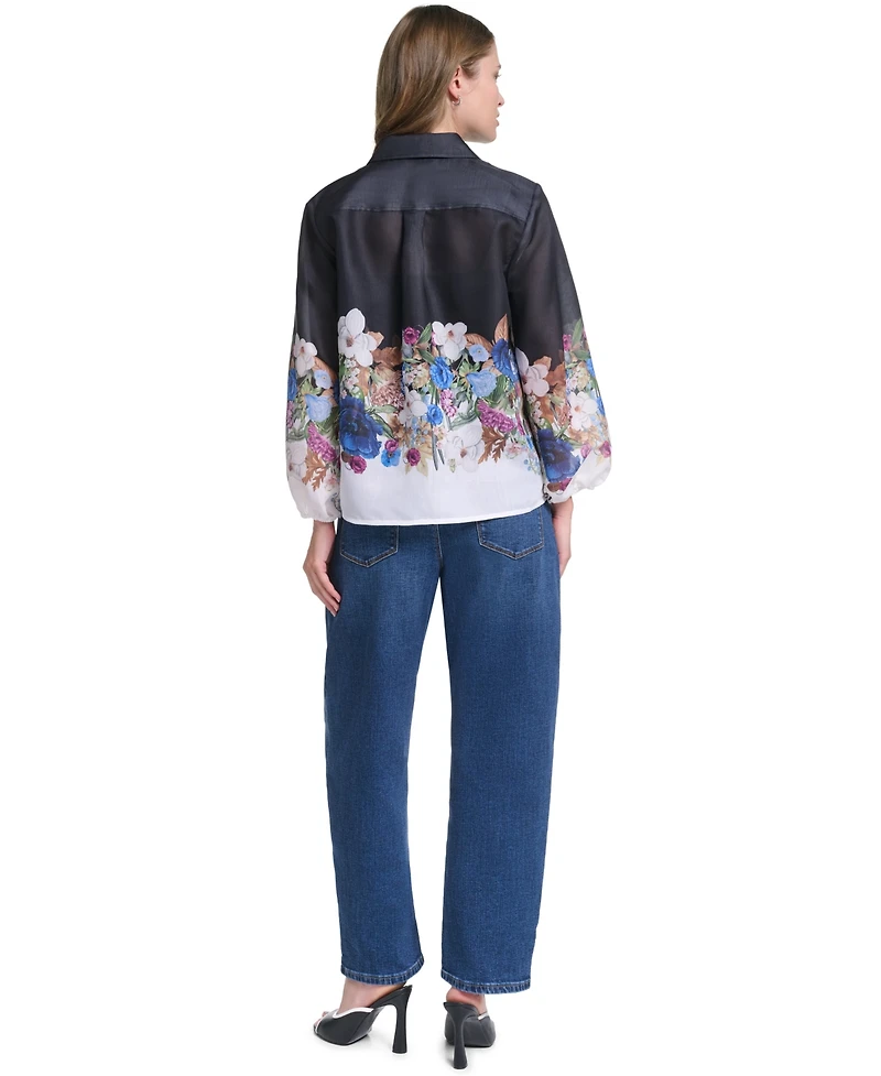 Karl Lagerfeld Paris Women's Printed Organza Puff-Sleeve Blouse