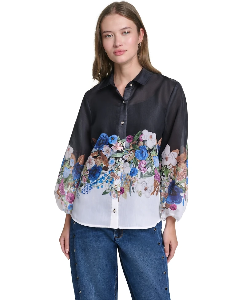Karl Lagerfeld Paris Women's Printed Organza Puff-Sleeve Blouse