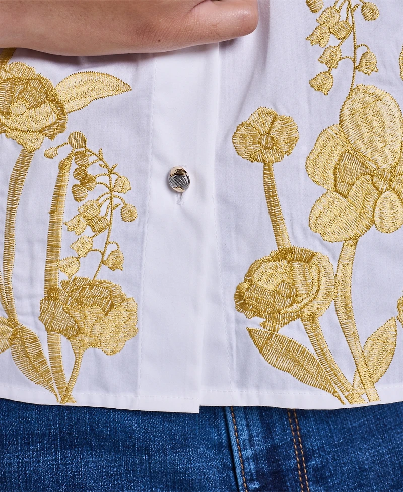Karl Lagerfeld Paris Women's Gold-Tone Embroidery Puff Sleeve Button-Front Blouse