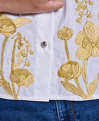 Karl Lagerfeld Paris Women's Gold-Tone Embroidery Puff Sleeve Button-Front Blouse