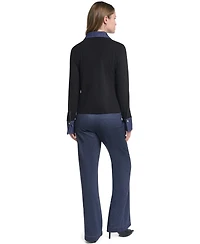 Karl Lagerfeld Paris Women's Denim Collar and Cuffs Knit Button-Up Sweater