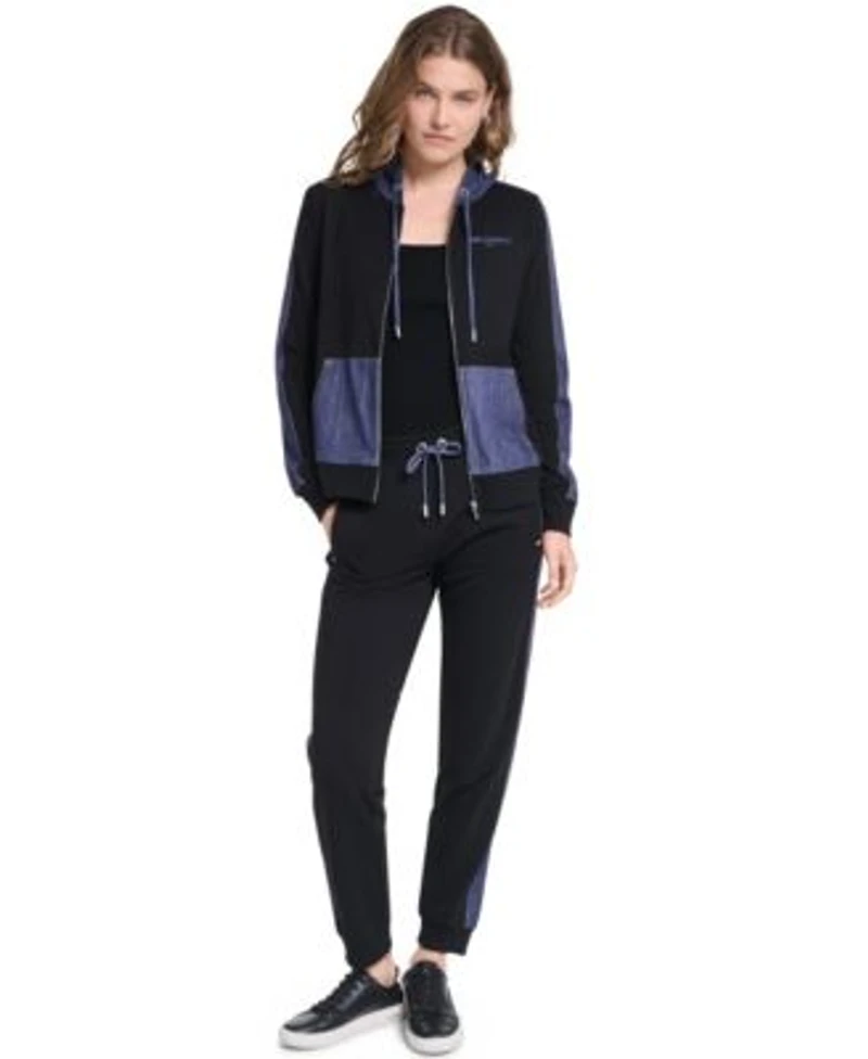 Karl Lagerfeld Paris Womens Zip Up Denim Contrast Hooded Jacket Denim Contrast Jogger Pull On Ankle Pants