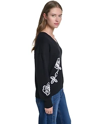 Karl Lagerfeld Paris Women's Floral Embroidery V-Neck Sweater