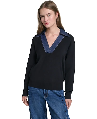 Karl Lagerfeld Paris Women's Denim Collar V-Neck Sweater