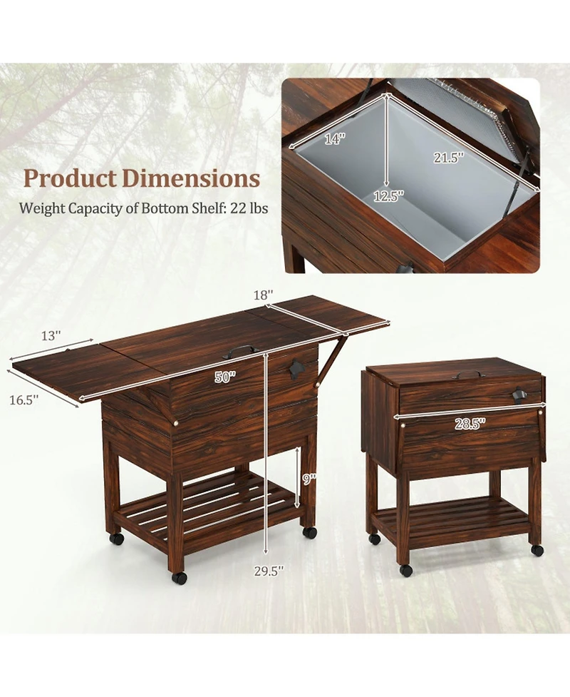 Sugift 54 Quart Wooden Patio Cooler Cart Rolling Ice Chest with Folding Side Shelves