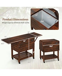 Sugift 54 Quart Wooden Patio Cooler Cart Rolling Ice Chest with Folding Side Shelves