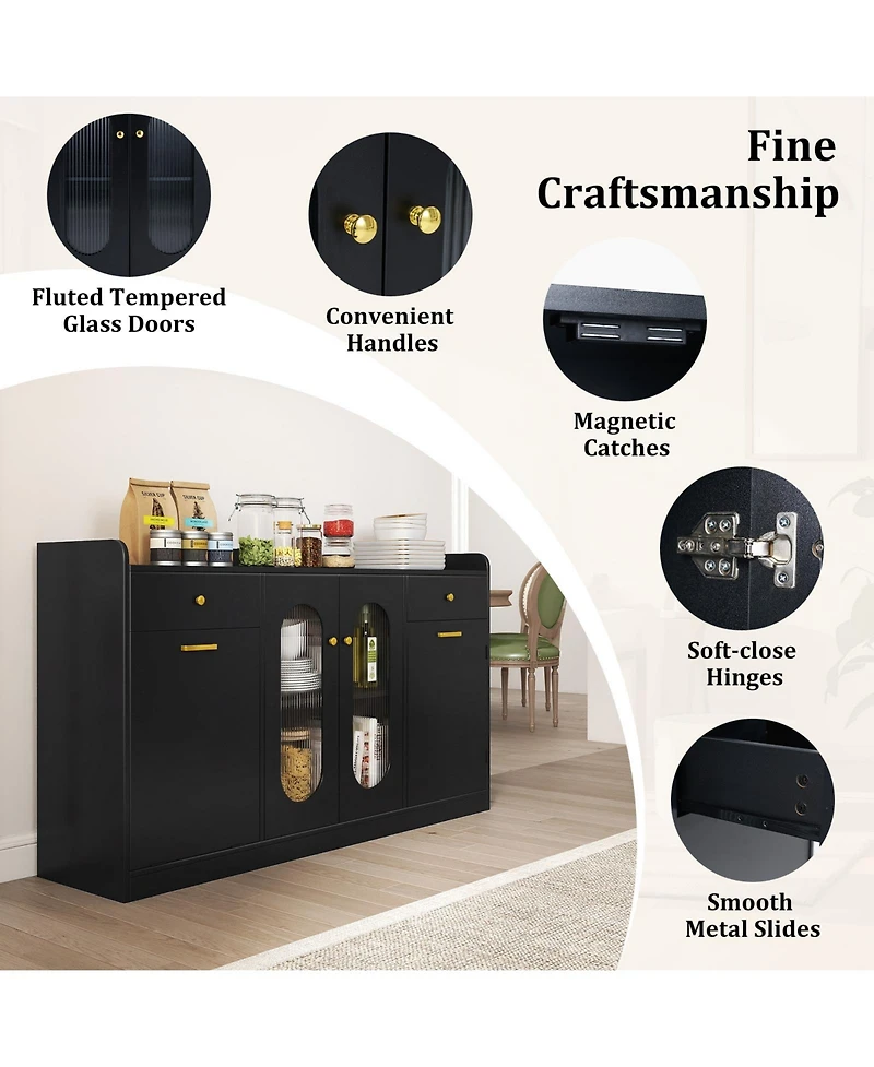 Costway 55" Large Buffet Cabinet with 2 Glass Doors, Drawers, Door Shelves for Kitchen