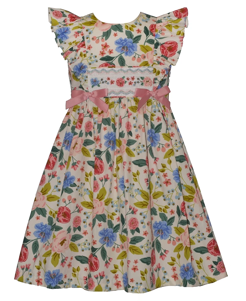 Bonnie Jean Girls' 2T-6X Floral Smocked Flutter-Sleeve Dress