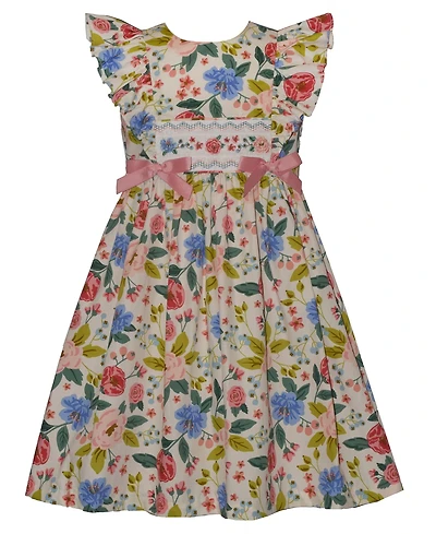 Bonnie Jean Girls' 2T-6X Floral Smocked Flutter-Sleeve Dress