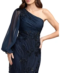 Mac Duggal Petite One Shoulder Chiffon Gown with Embroidered Floral Skirt