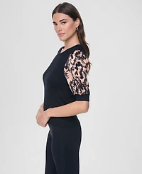 Dkny Women's Printed Twist-Sleeve Mix Media Sweater