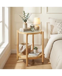 Gymax Room > End and Side Tables Gymax 2PCS Round Side Table w/Tempered Glass Top Storage Shelf Acacia Wood Legs