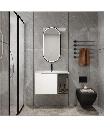 Thirtypeachy 30" Wall-Mounted Glossy White Bathroom Vanity With Ceramic Sink, Gray Glass Door, 2 Soft-Close Doors