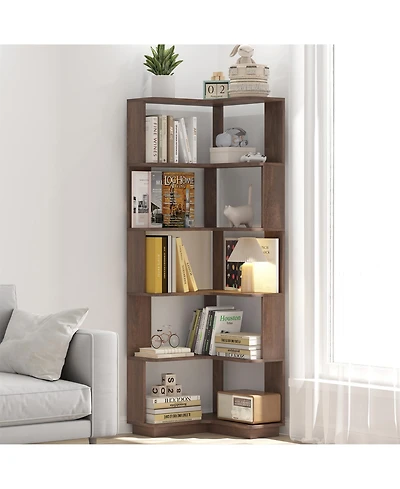 Clihome 6 Tier Freestanding L-Shaped Corner Bookshelf, Wooden Bookcase Display Shelf Open storage rack Organizer