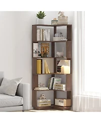 Clihome 6 Tier Freestanding L-Shaped Corner Bookshelf, Wooden Bookcase Display Shelf Open storage rack Organizer