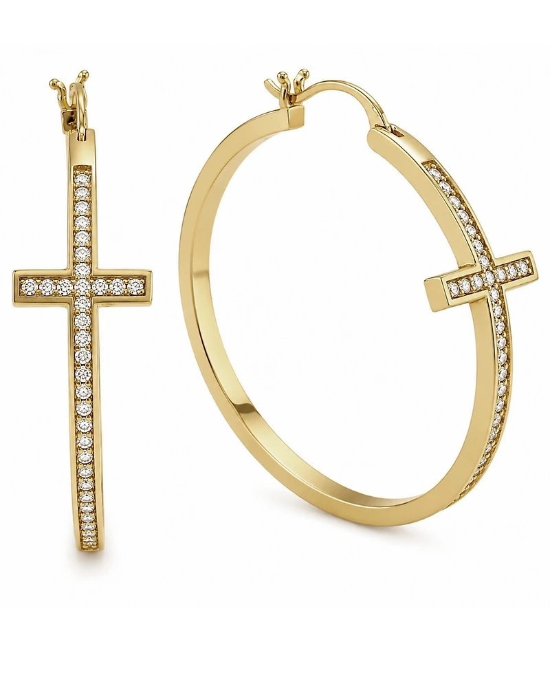 And Now This Cubic Zirconia Gold-Tone Plated Cross Hoop Earrings