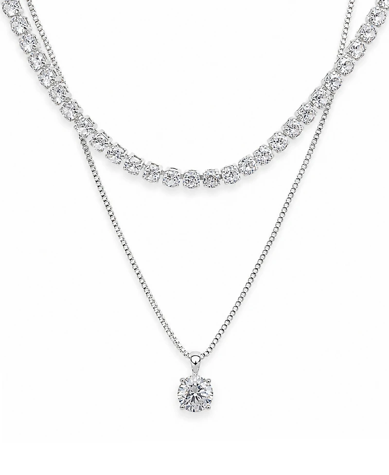 And Now This Cubic Zirconia Fine Silver-Tone Plated Double Strand Tennis Pendant Necklace