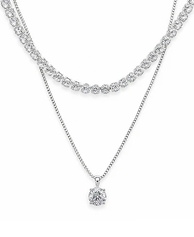And Now This Cubic Zirconia Fine Silver-Tone Plated Double Strand Tennis Pendant Necklace