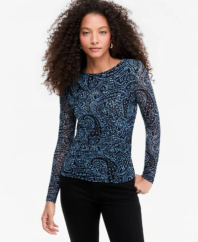 I.n.c. International Concepts Women's Ruched Mesh Long-Sleeve Crewneck T-Shirt, Macy's Exclusive