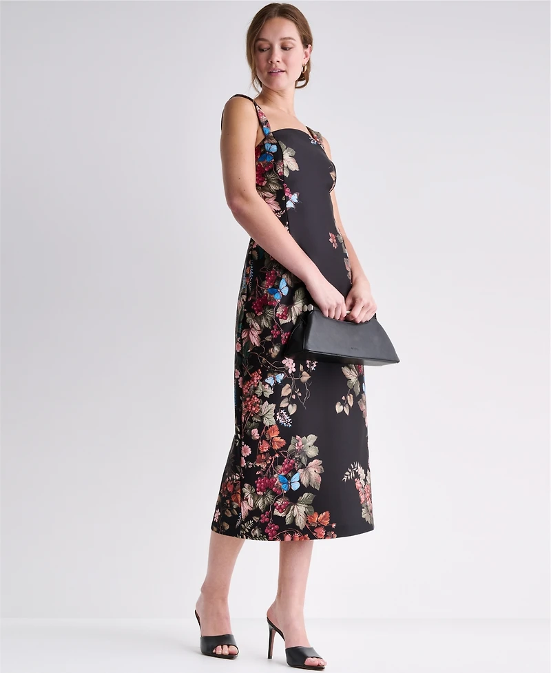 Bcbg Women's Floral Print Square Neck Satin Midi Dress