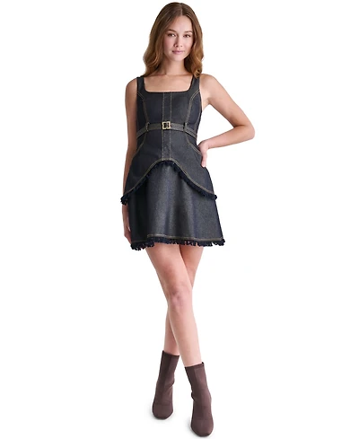 Bcbg Women's Denim Square Neck Belted Fringe Mini Dress