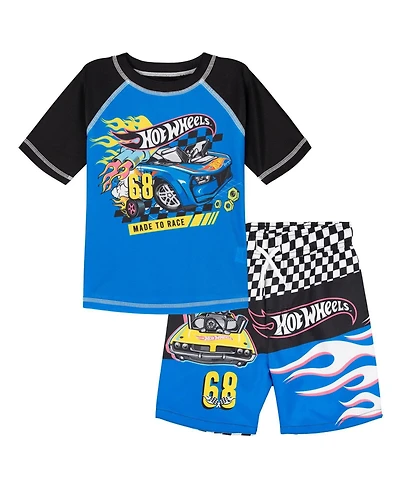 Hot Wheels Toddler Boys Upf 50+ Pullover Rash Guard and Swim Trunks Outfit Set to