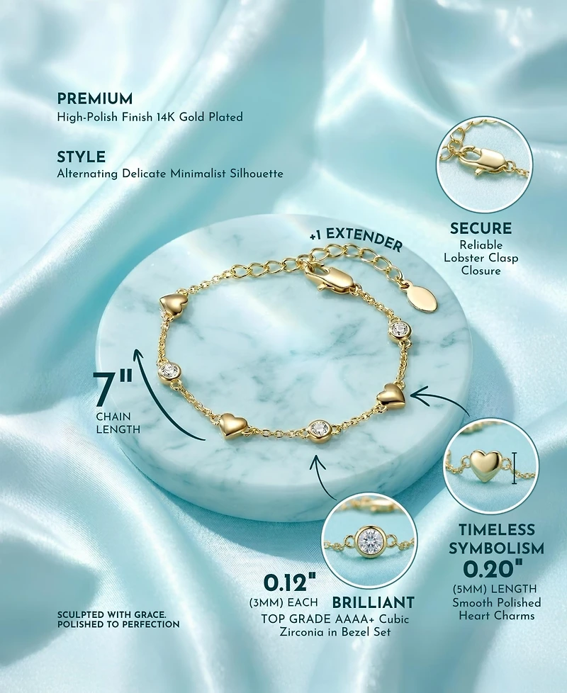 Rachel Glauber 14K Gold Plated with Bezel Set Cubic Zirconia Heart Charm Bracelet