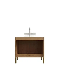 Sillysis 30 Inch Bathroom Vanity with Glass Vessel Sink, Sintered Stone Top, Modern Wood Grain Cabinet, Soft Close Storage
