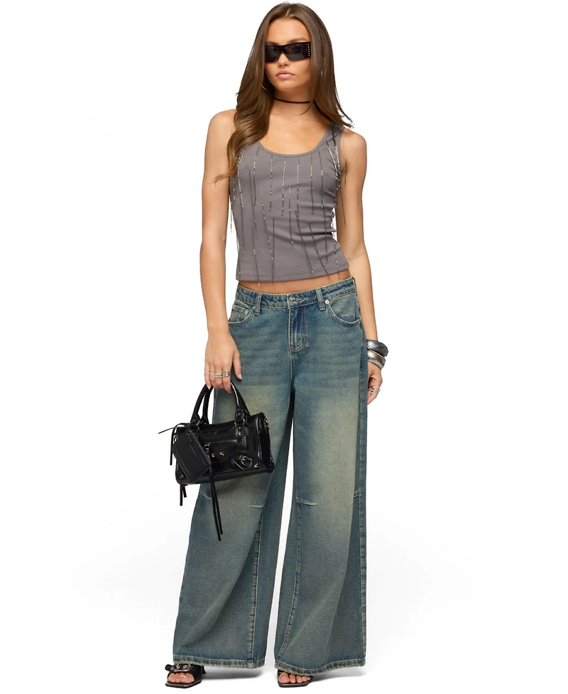 Edikted Women's Adjustable Button Low Rise Baggy Jeans