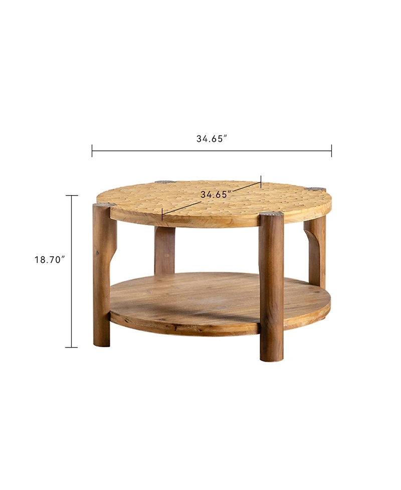 Clihome Round Coffee Table with Solid Wood for Living Room, 2-Tier Round Coffee Table with Storage Shelf