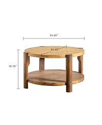 Clihome Round Coffee Table with Solid Wood for Living Room, 2-Tier Round Coffee Table with Storage Shelf