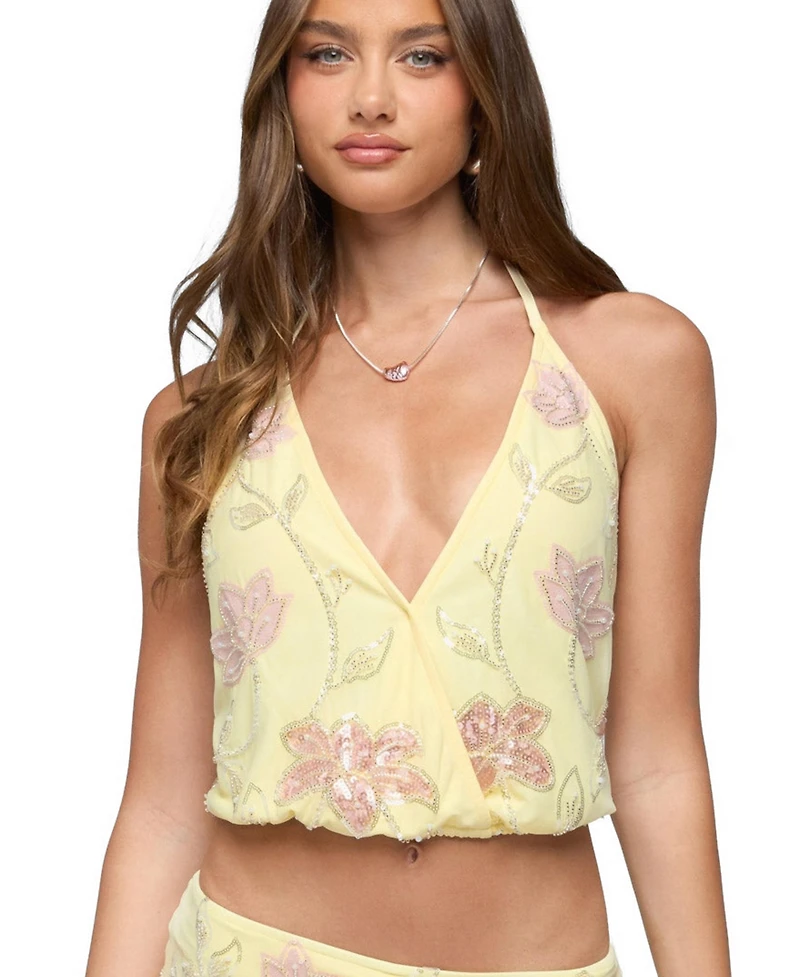 Edikted Women's Mena Beaded Floral Backless Top