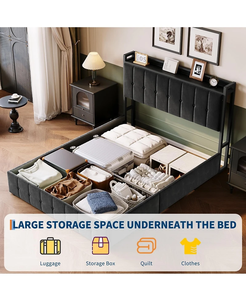 gaomon Upholstered Bed Frame with Lift Up Storage, Storage Bed Frame, Metal Platform Bed, No Box Spring Needed, Noise Free, Full Queen King