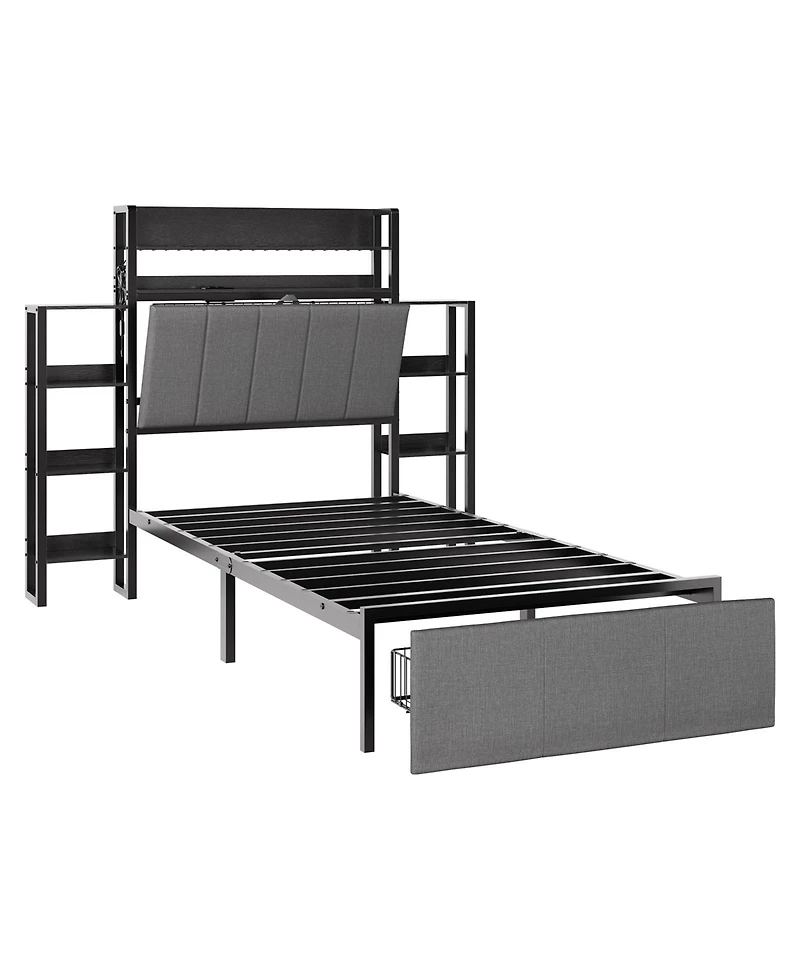 gaomon Twin Size Upholstered Bed Frame with Hidden Headboard Storage, Led Lights, Charging Station