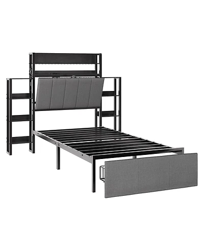 gaomon Twin Size Upholstered Bed Frame with Hidden Headboard Storage, Led Lights, Charging Station