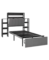 gaomon Twin Size Upholstered Bed Frame with Hidden Headboard Storage, Led Lights, Charging Station