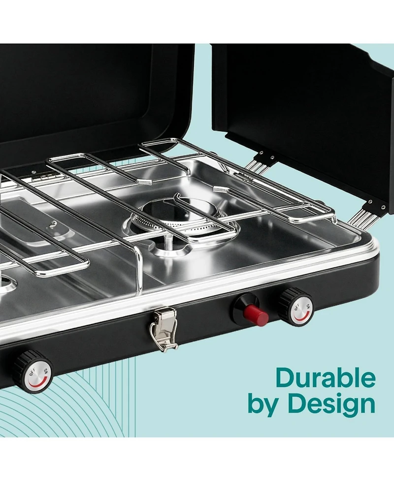 SereneLife 2 Burner Propane Camping Stove - 24,400 Btu Portable Camp Stove with Wind Guards and Push Button Ignition