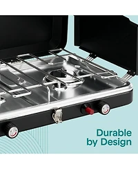 SereneLife 2 Burner Propane Camping Stove - 24,400 Btu Portable Camp Stove with Wind Guards and Push Button Ignition