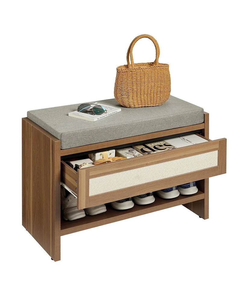 gaomon Farmhouse Rattan Entryway Shoe Bench with Storage Drawer for Hallway, Bedroom and Mudroom