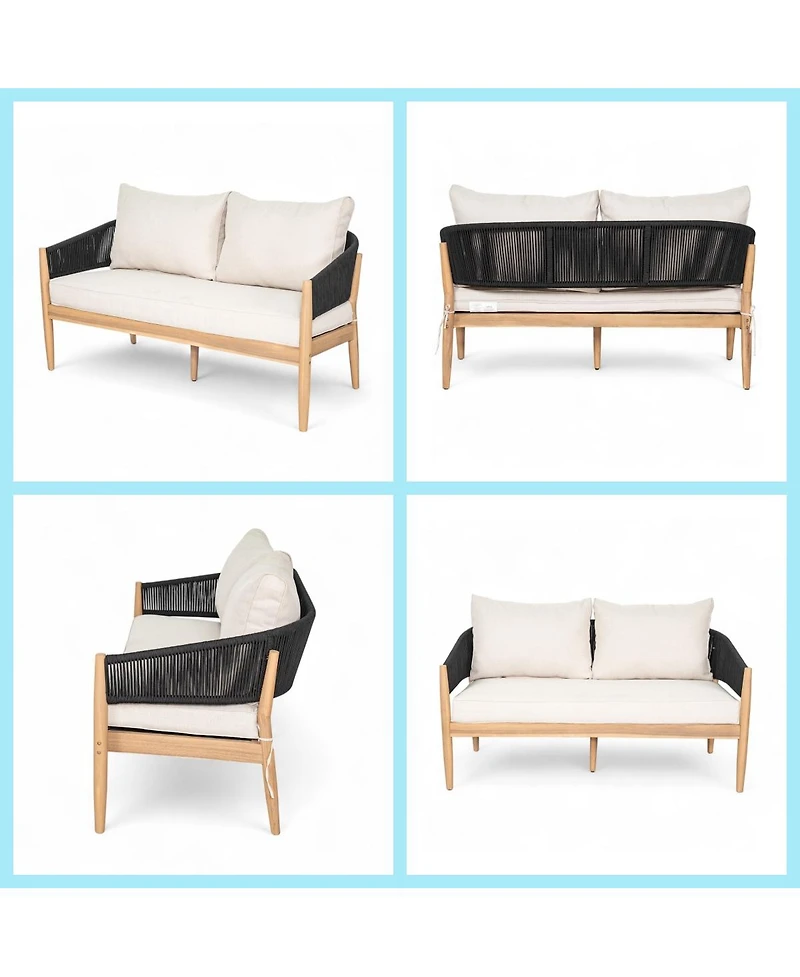 Asagikoiai 4-Piece Boho Acacia Wood Outdoor Patio Furniture Set with Rope Chairs, Loveseat and Table