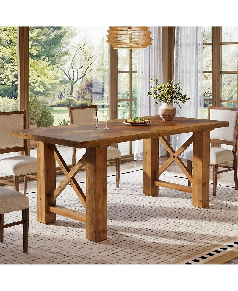 Tribesigns 63-Inch Farmhouse Dining Table for 4-6, Solid Fir Wood Kitchen Table with Parquet Top and X-Shaped Legs, for Dining Room, Living Room