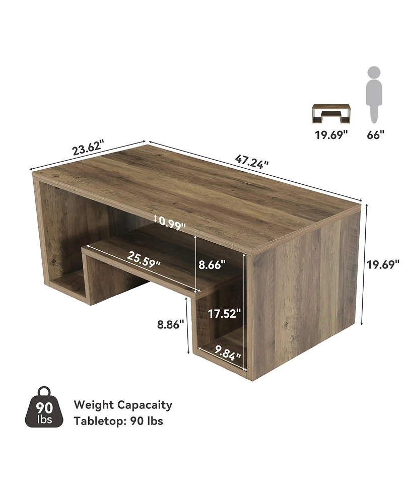 Tribesigns 47" Rectangle Coffee Table, 2-Tier Farmhouse Center Table with Storage for Living Room, Small Spaces