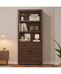 homfan 5-Tier Bookcase with Doors Floor Standing Farmhouse Wooden Bookshelf, 71.3" Tall Storage Cabinet for Home Office, Living Room or Bedroom