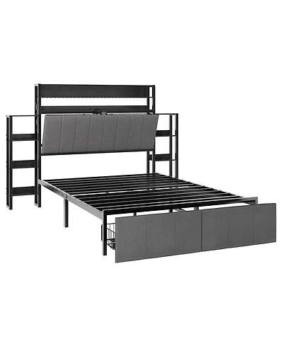 gaomon Full Size Upholstered Bed Frame with Hidden Headboard Storage, Led Lights, Charging Station