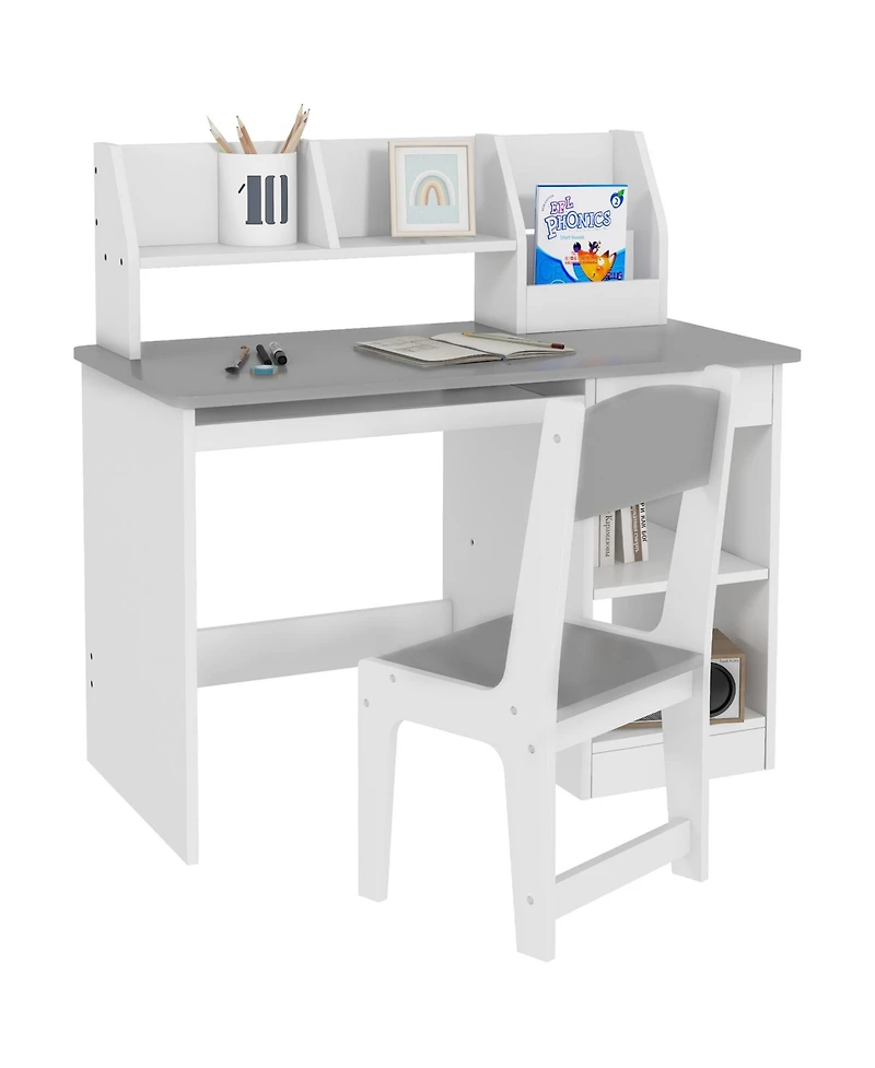 Clihome Kids Desk and Chair Set with Storage, Children Study Table, Gray Mdf Sturdy Learning Furniture