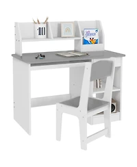 Clihome Kids Desk and Chair Set with Storage, Children Study Table, Gray Mdf Sturdy Learning Furniture